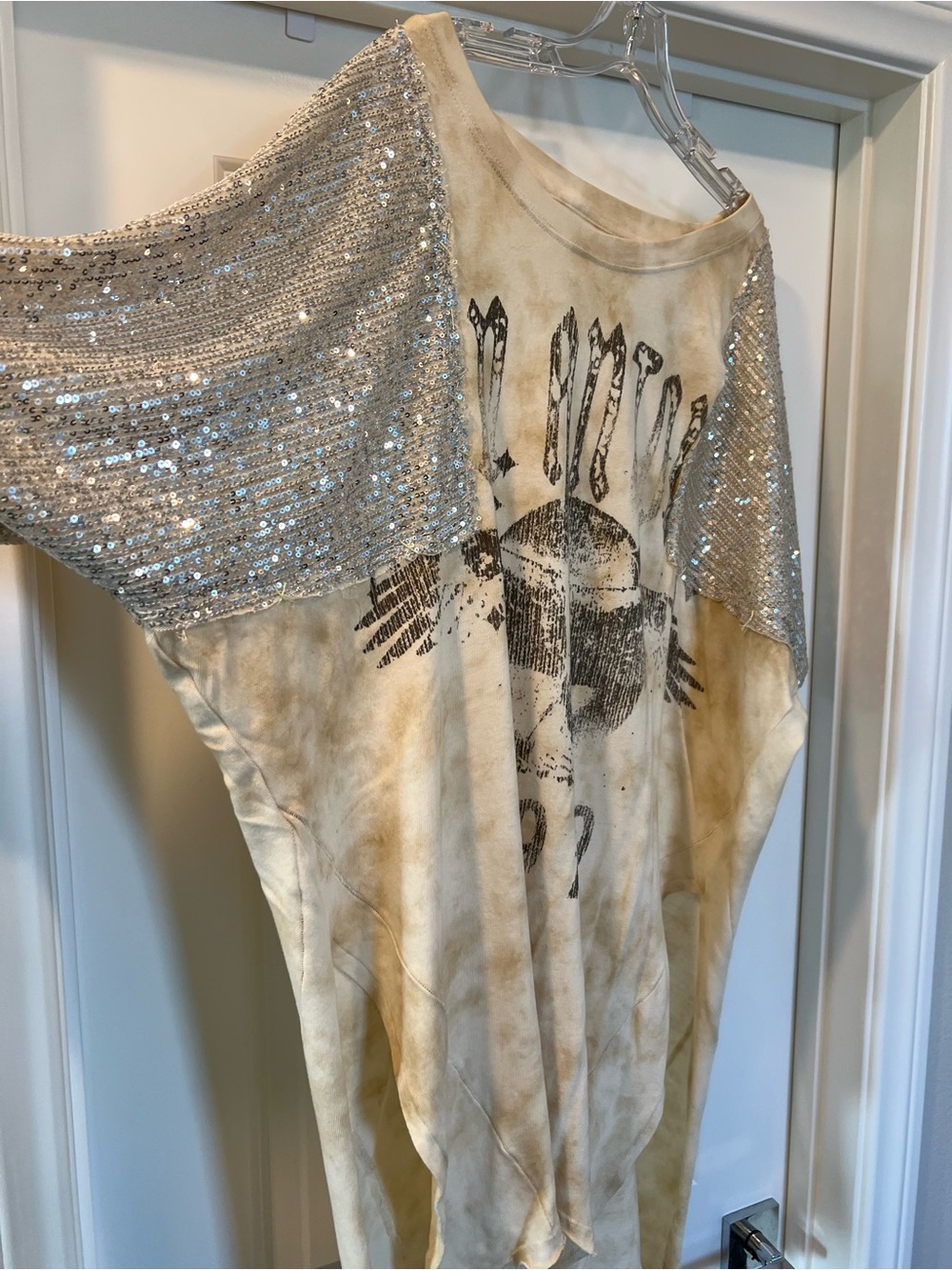 We The Free - Beige Tie-Dye Graphic Top with Silver Sequin Dolman Sleeves